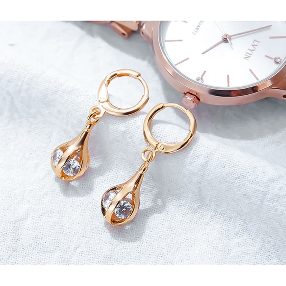 Gold Openwork Water-drop Shaped Huggie Hoops w/CZs - Picture 5 of 8